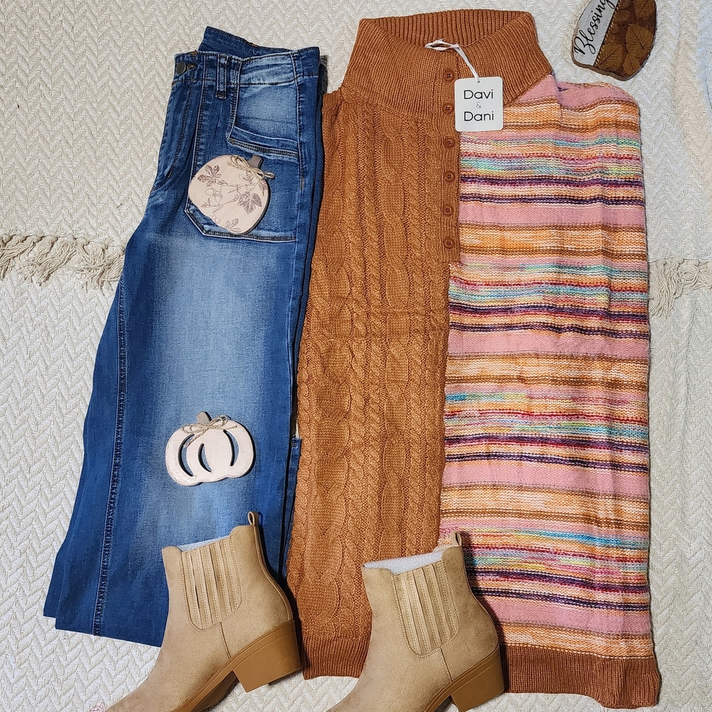 DAVI & DANI Brown Sweater with Striped Boho Western Poncho Shacket Kacket